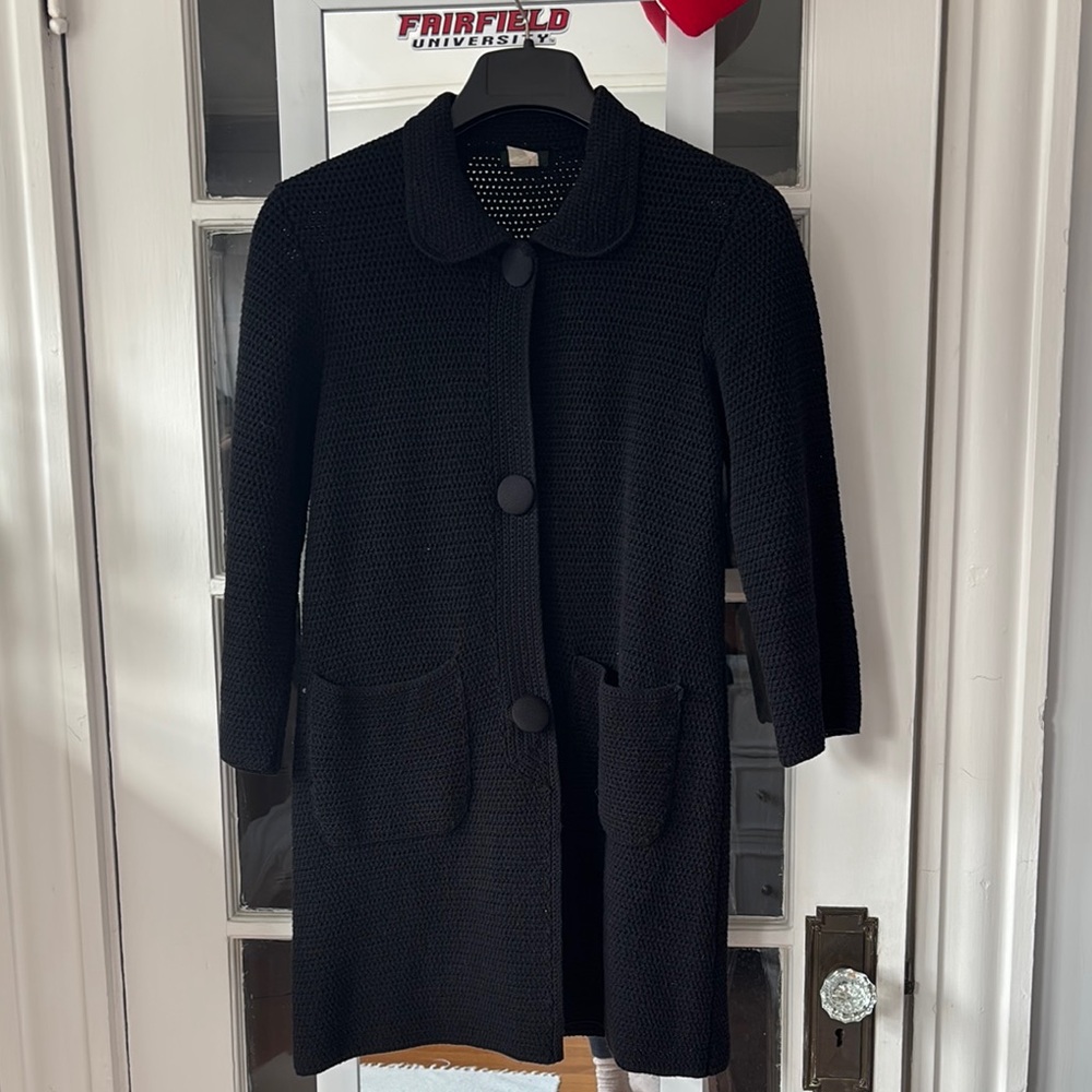 J. Crew Black Trench Coat with Notched Lapel and Textured Fabric